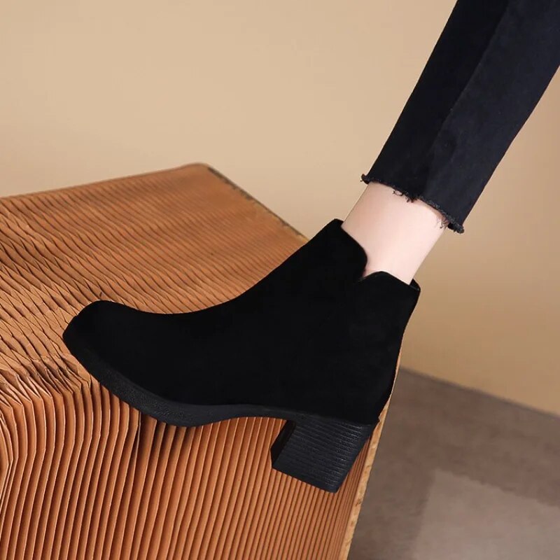 Boots Round Head Square Heel Slip on Solid Casual Boots Size