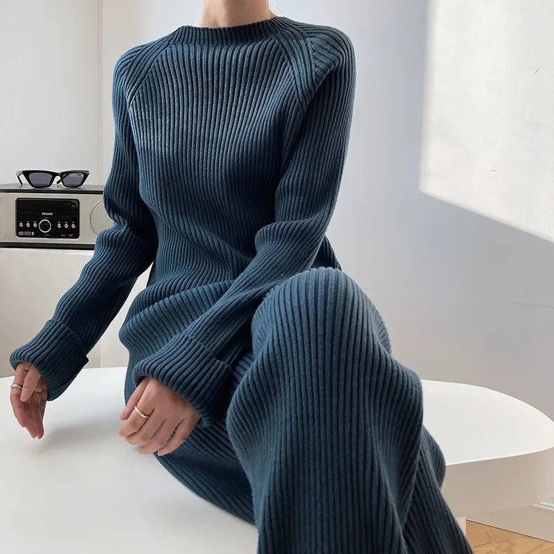 Neck Split Sweater Set, Women's Loose Knit Top, Wide Leg Pants, Two-piece Set