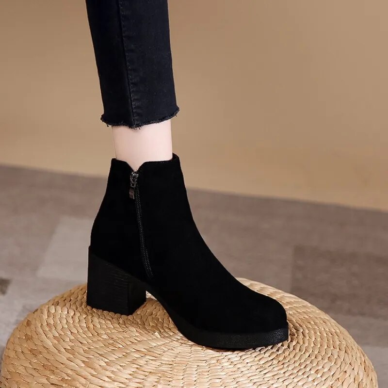 Boots Round Head Square Heel Slip on Solid Casual Boots Size